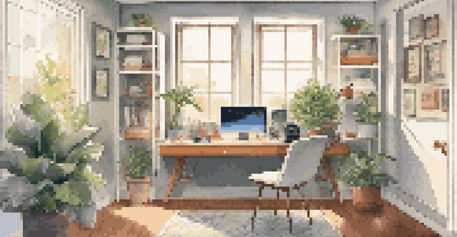 A home office with a smart security system and automated lighting, depicting a secure workspace.