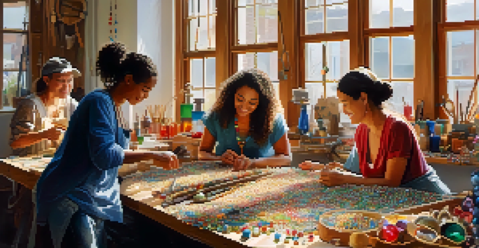 A jewelry-making workshop with a diverse group of people around a table filled with beads and tools, under warm natural light.