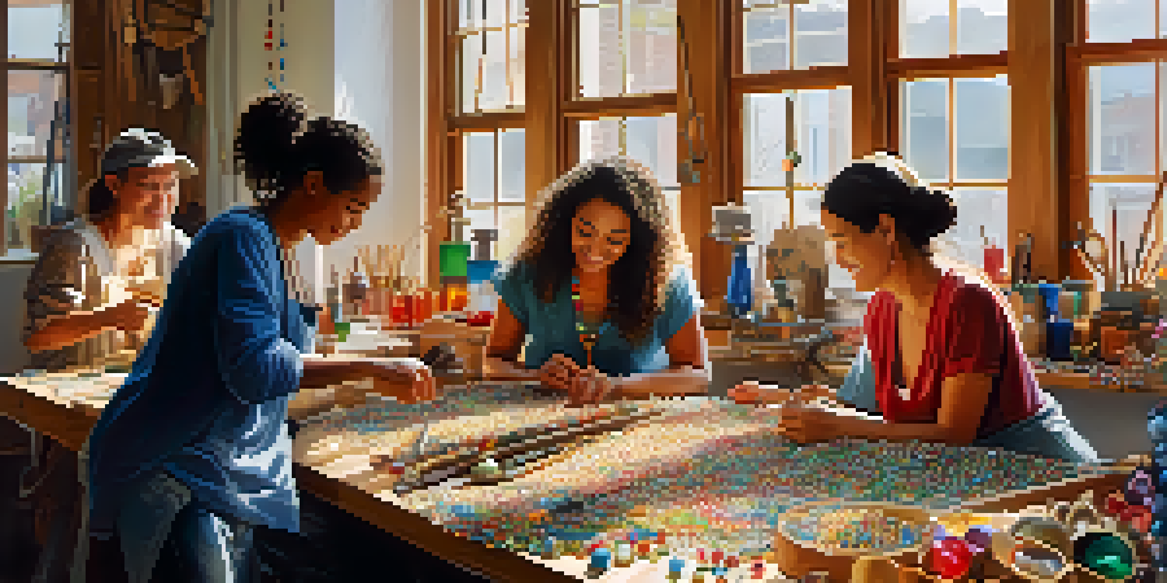 A jewelry-making workshop with a diverse group of people around a table filled with beads and tools, under warm natural light.