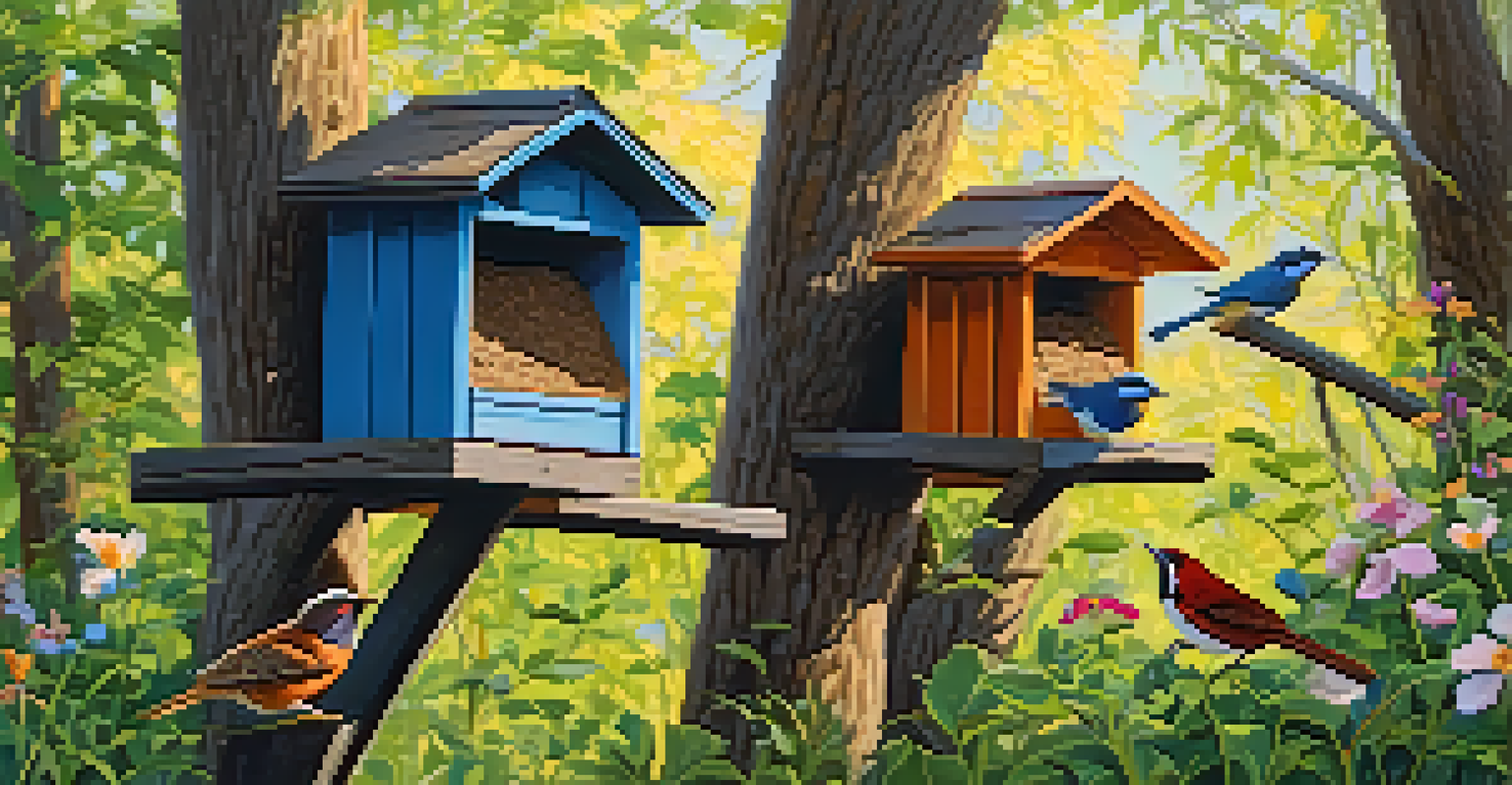 A backyard featuring multiple nesting boxes at varying heights, surrounded by trees and flowers, with a wren peeking out from a box.