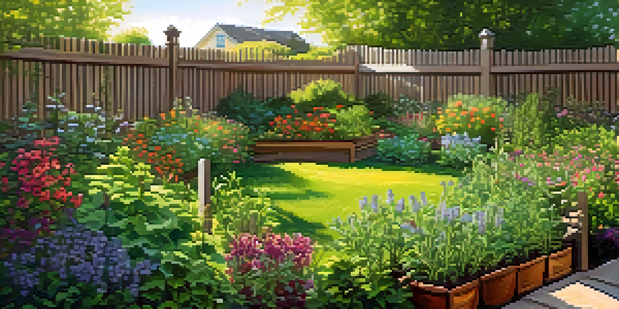 A sunny backyard herb garden with various herbs like basil and rosemary in raised beds, surrounded by a wooden fence and colorful flowers.