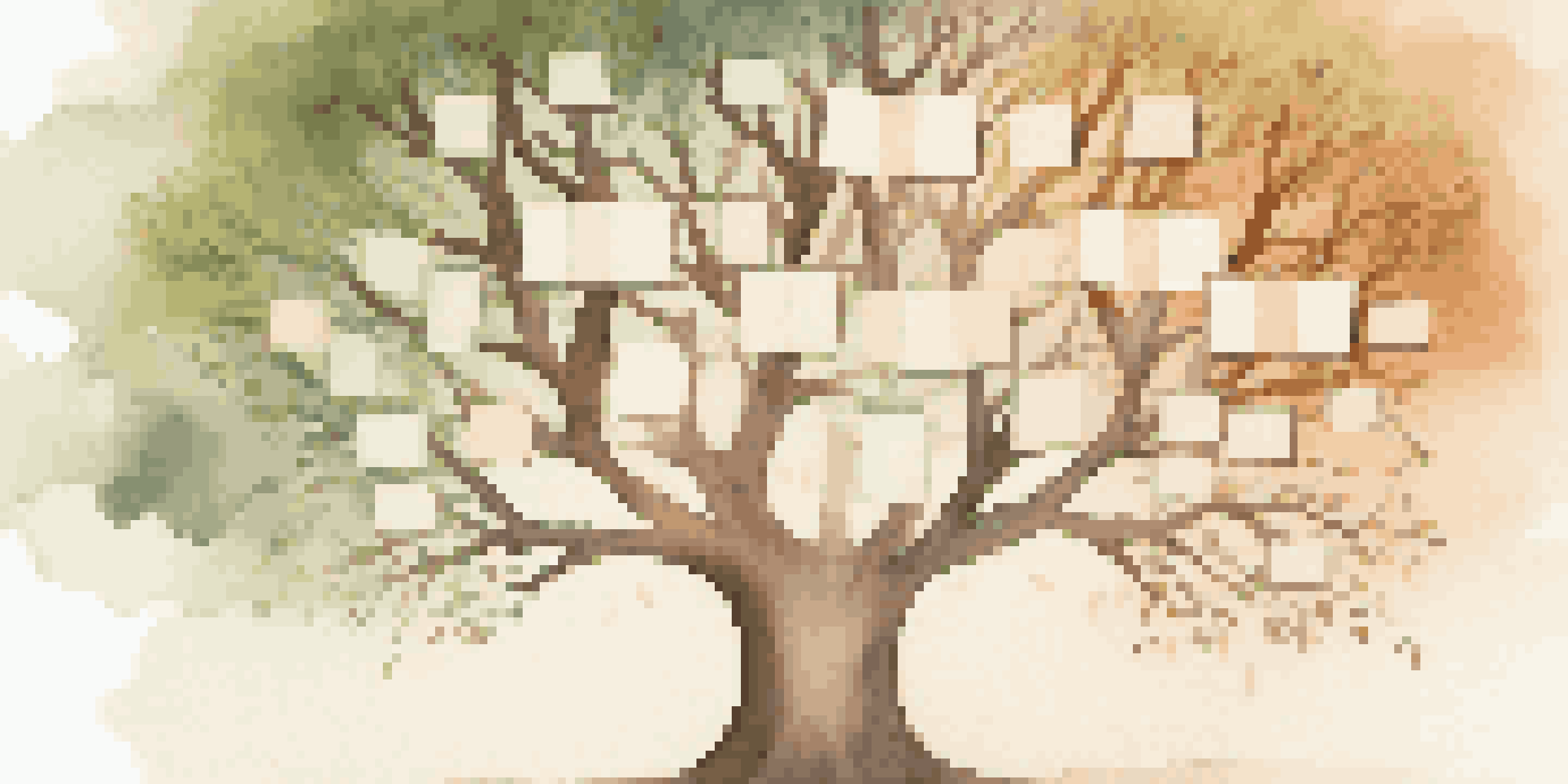 An artistic depiction of a family tree with photos on branches, set against a pastel background with sunlight filtering through leaves.