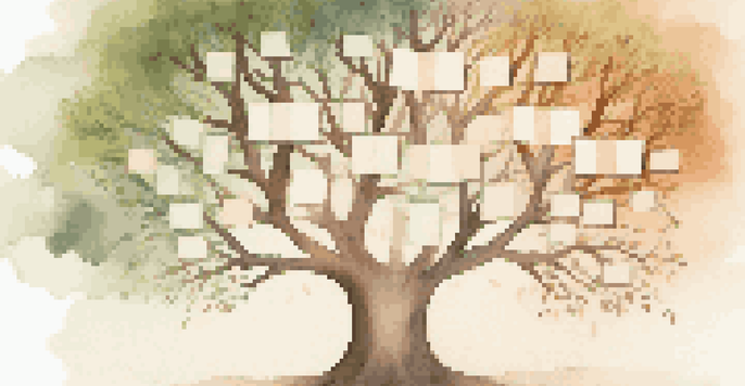 An artistic depiction of a family tree with photos on branches, set against a pastel background with sunlight filtering through leaves.