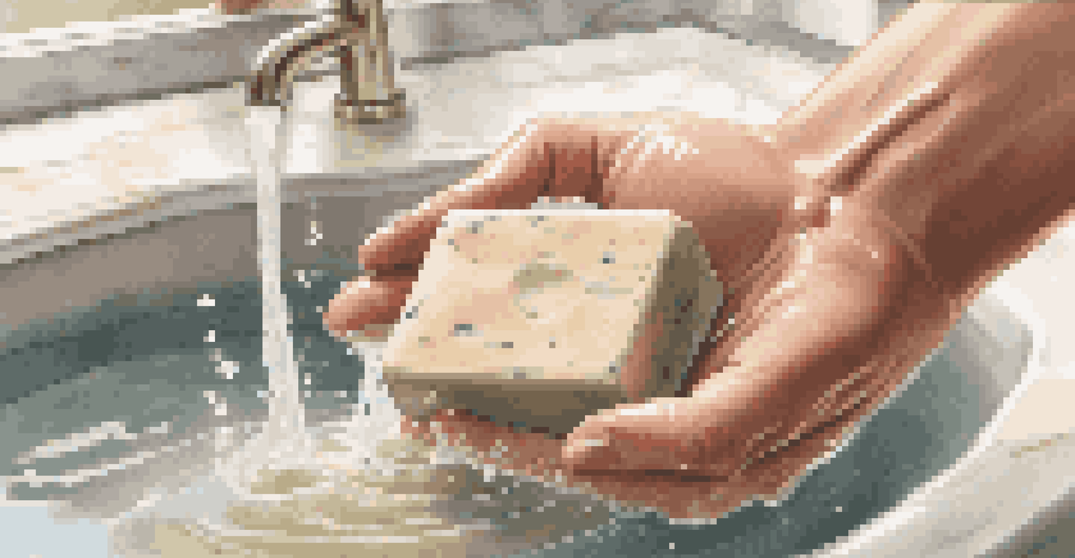 A close-up of a hand lathering natural clay soap under running water in a blurred bathroom background.