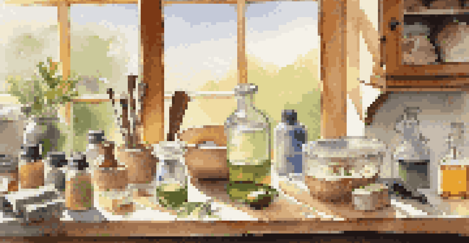 An organized soap-making station with natural ingredients and tools in a sunny kitchen, emphasizing the process of creating handmade soaps.