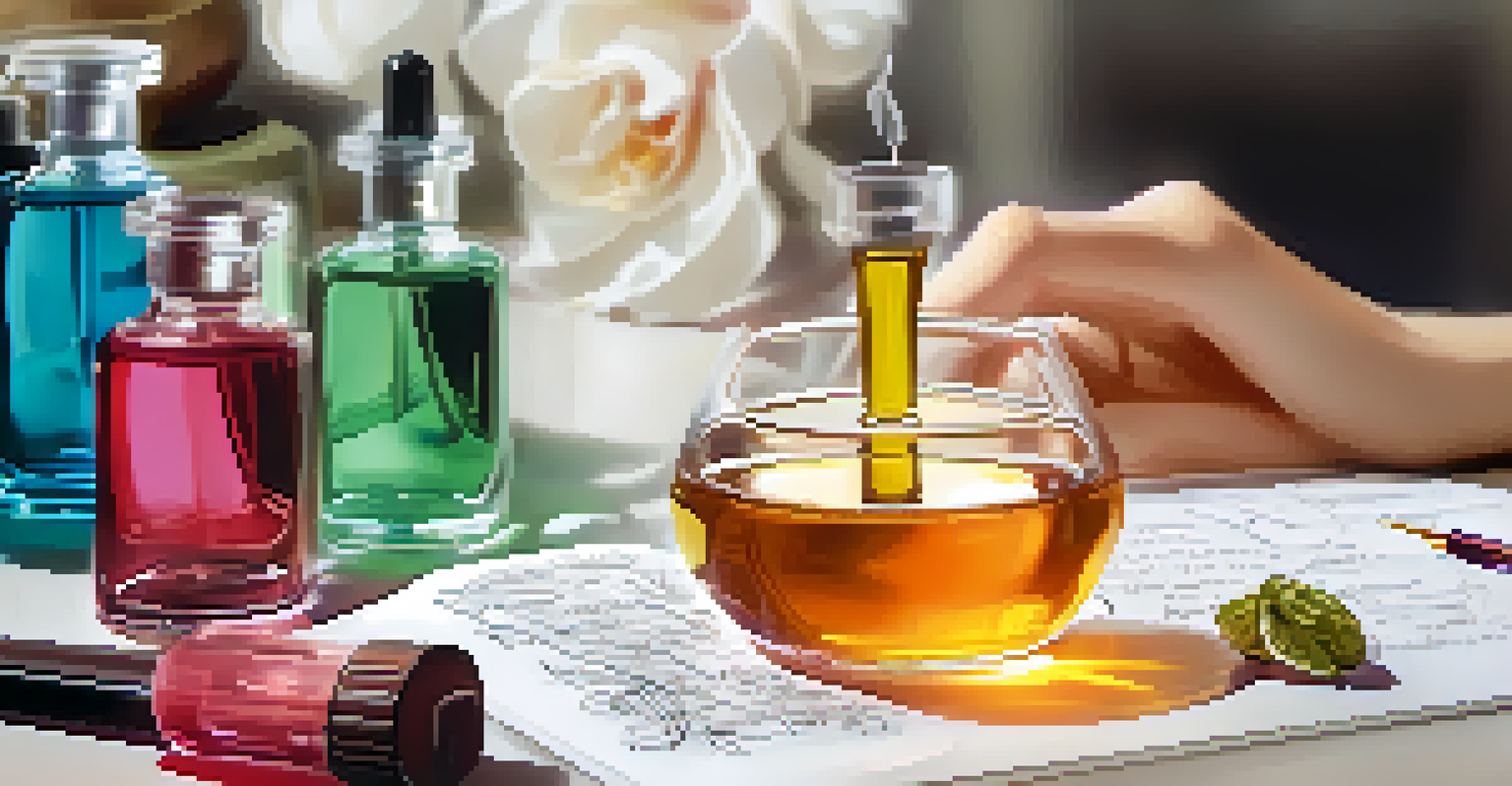 Close-up of a hand using a dropper to blend fragrance oils in a glass dish, with a blurred scent journal in the background.