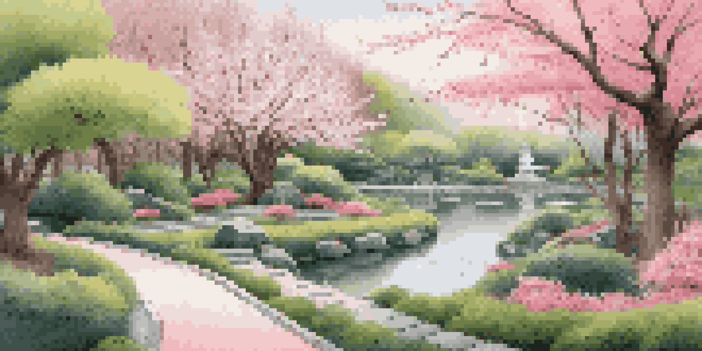 A traditional origami crane in a Japanese garden surrounded by cherry blossom trees.
