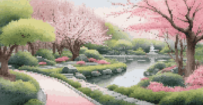 A traditional origami crane in a Japanese garden surrounded by cherry blossom trees.