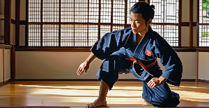 A martial artist practicing a kata in a dojo, wearing a traditional uniform with sunlight filtering through the windows.