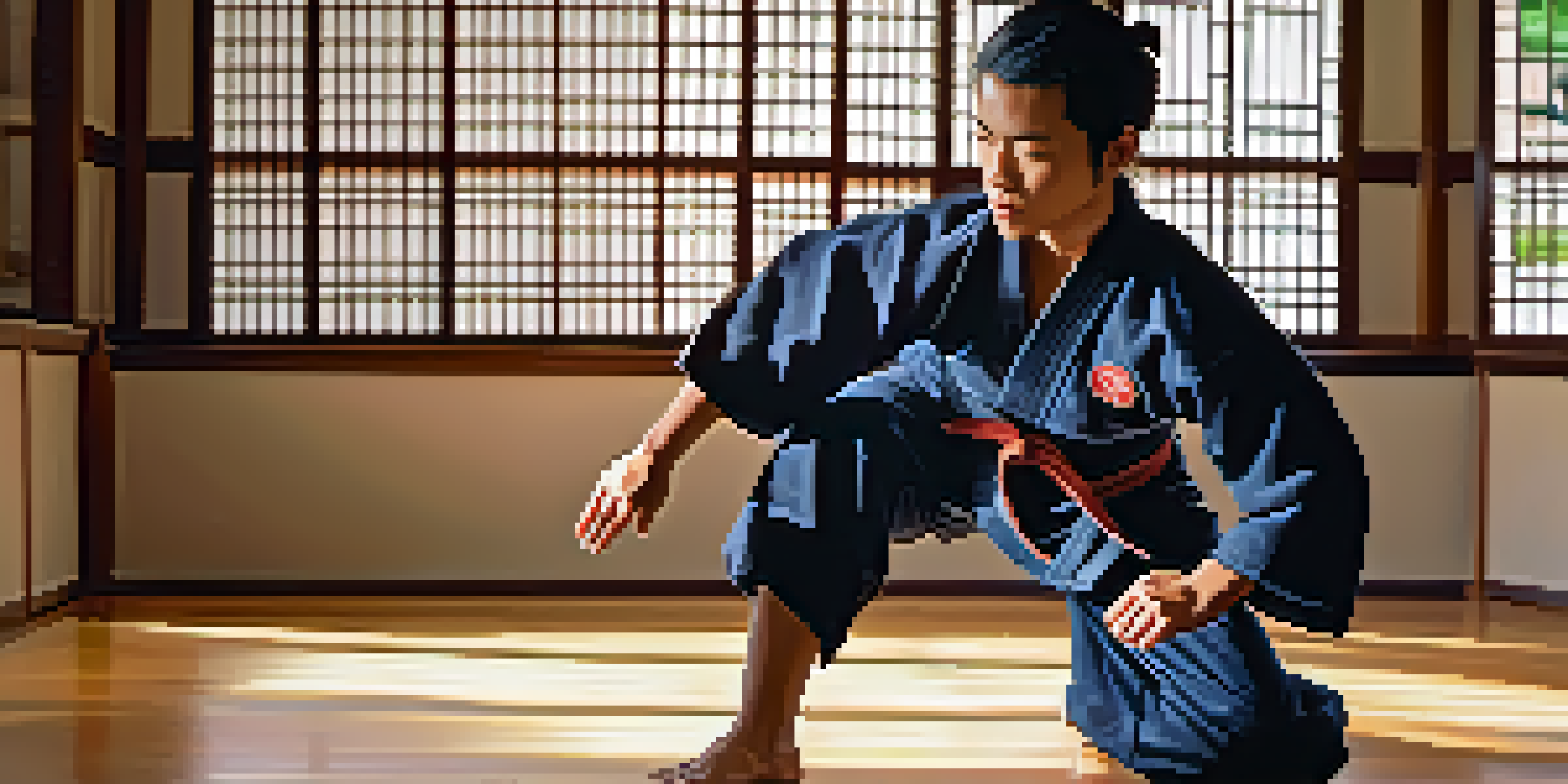 A martial artist practicing a kata in a dojo, wearing a traditional uniform with sunlight filtering through the windows.