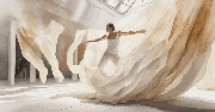 A performer in white fabric engaged in expressive motion within an abstract sculpture, surrounded by soft light and colorful foliage.