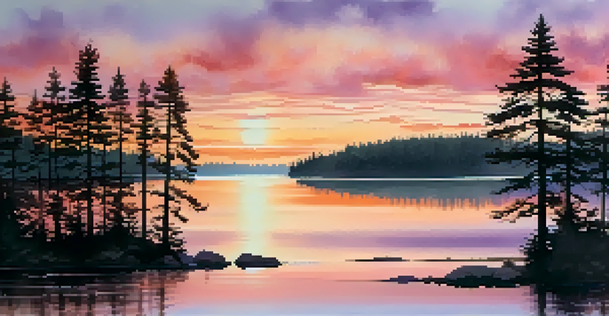 A peaceful watercolor landscape with a colorful sunset over a calm lake, surrounded by pine trees.