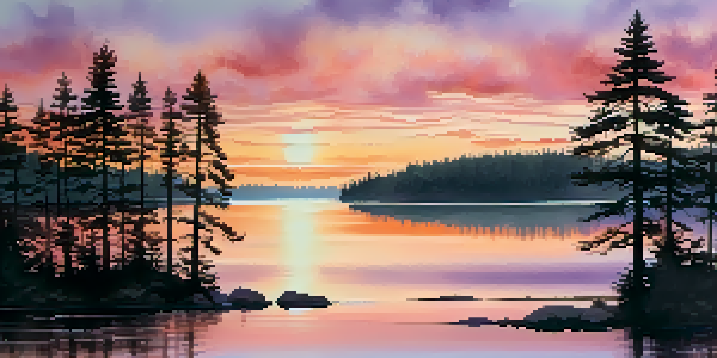 A peaceful watercolor landscape with a colorful sunset over a calm lake, surrounded by pine trees.