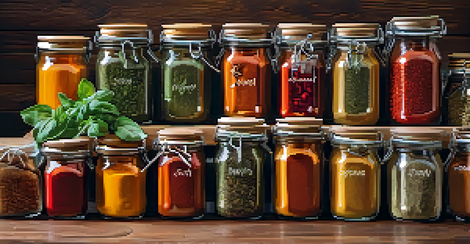 A close-up of glass jars filled with spices and herbs on a wooden countertop.