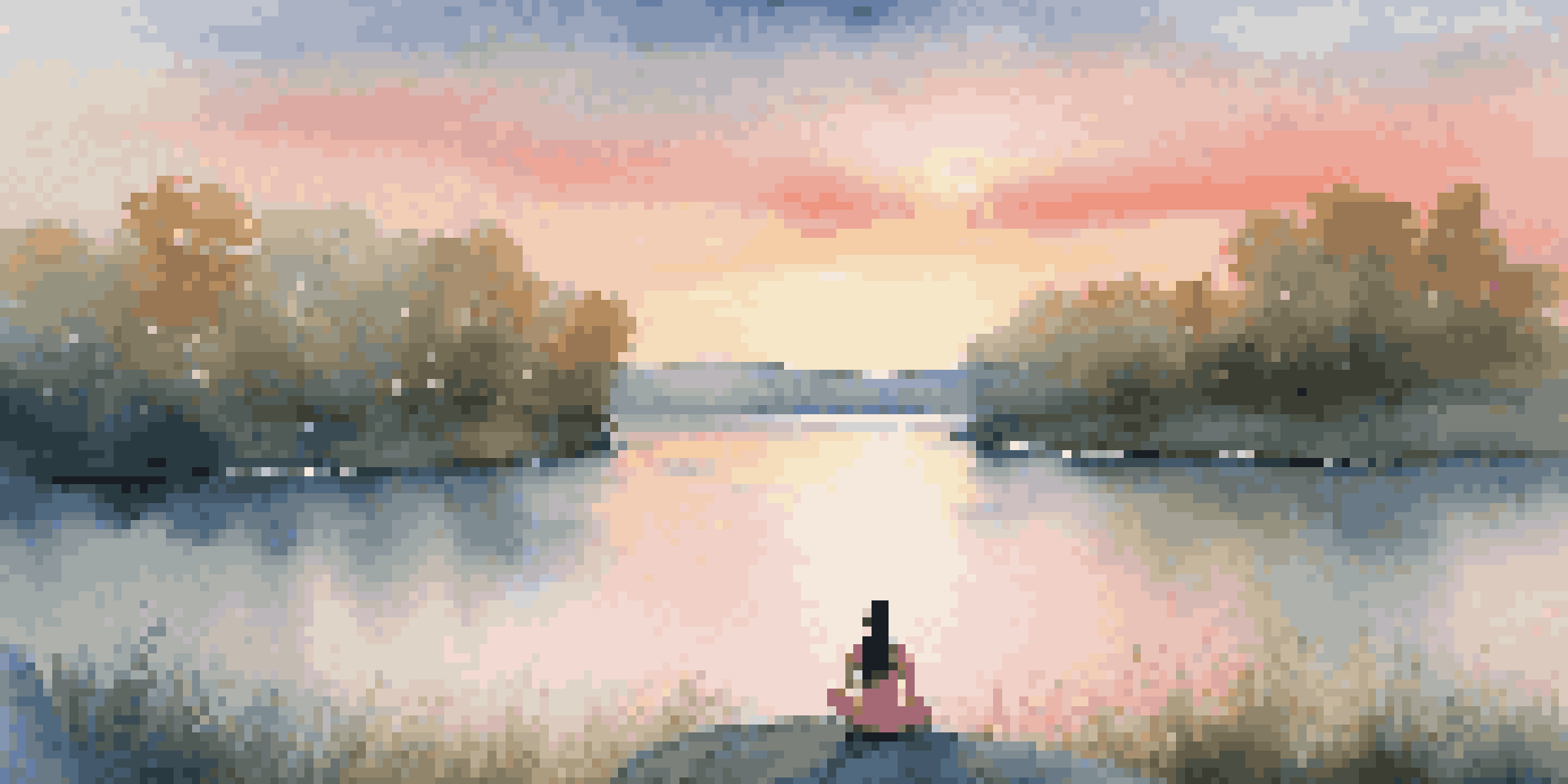 A meditative person sitting on a rock by a lake at sunset, with a glowing aura around them in a peaceful landscape.