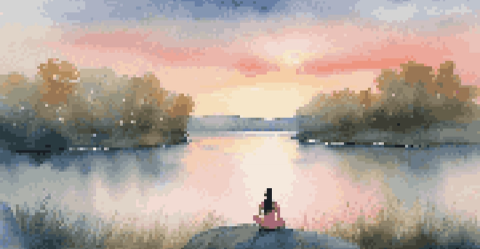 A meditative person sitting on a rock by a lake at sunset, with a glowing aura around them in a peaceful landscape.