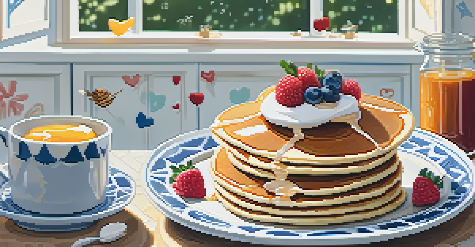 Quirky-shaped pancakes with fruit toppings served on a patterned plate in a bright kitchen.