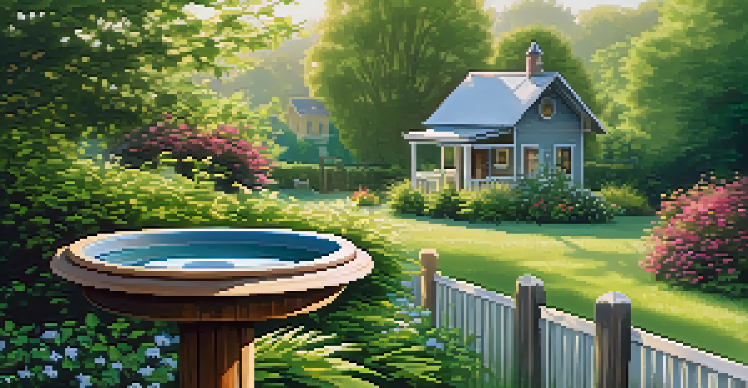 A rustic birdhouse in a backyard surrounded by green shrubs and a birdbath, with birds perched on it in soft morning light.