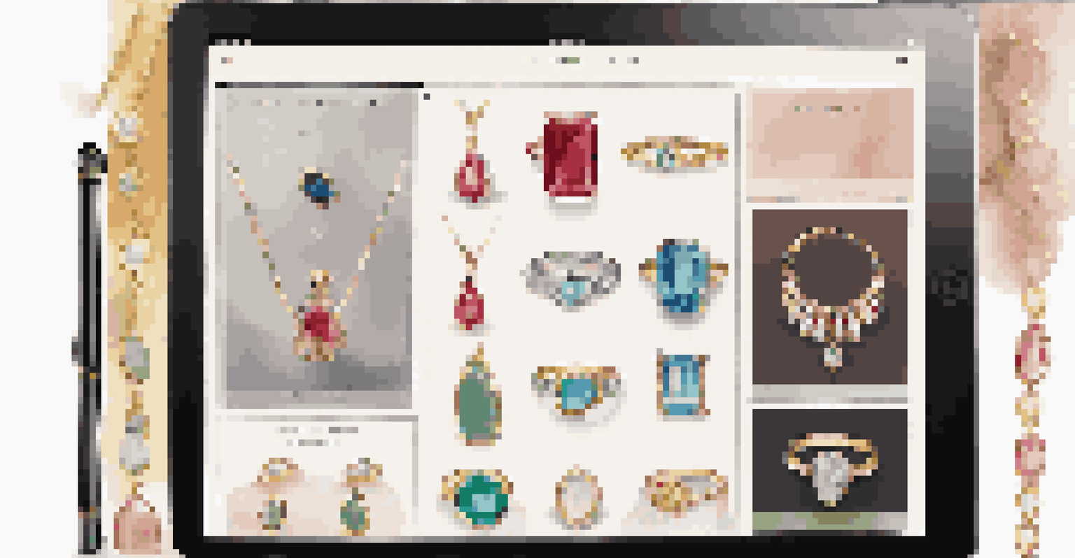 An online jewelry store interface on a tablet, showcasing customizable jewelry options in a cozy shopping backdrop.