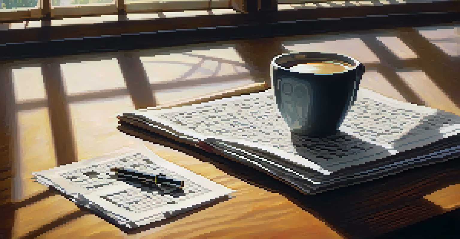 A close-up of a completed crossword puzzle with a fountain pen and a cup of coffee, illuminated by soft morning light.