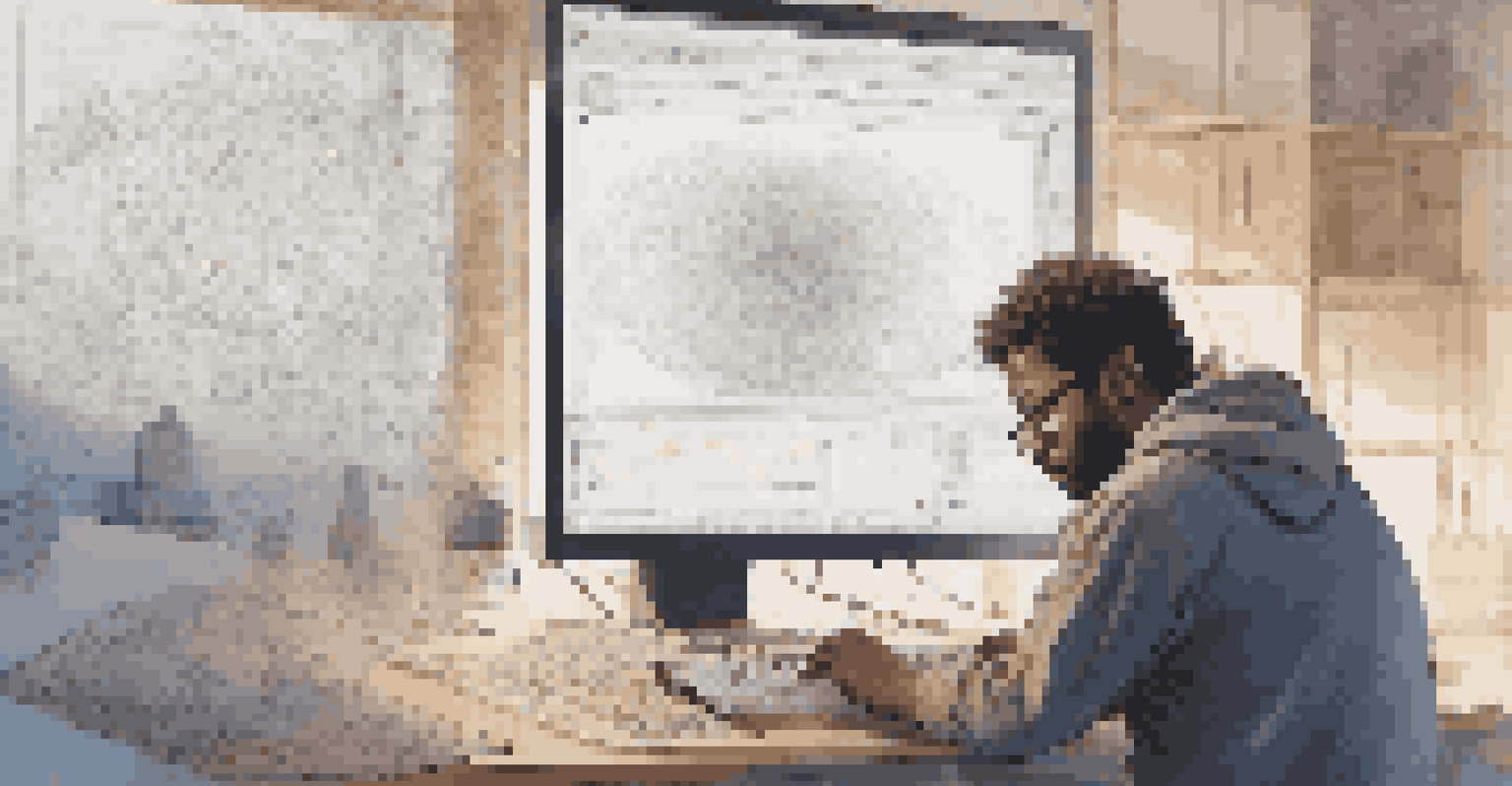 An artist at a computer creating code art, with sketches and tools around, and a screen showing a colorful data visualization.