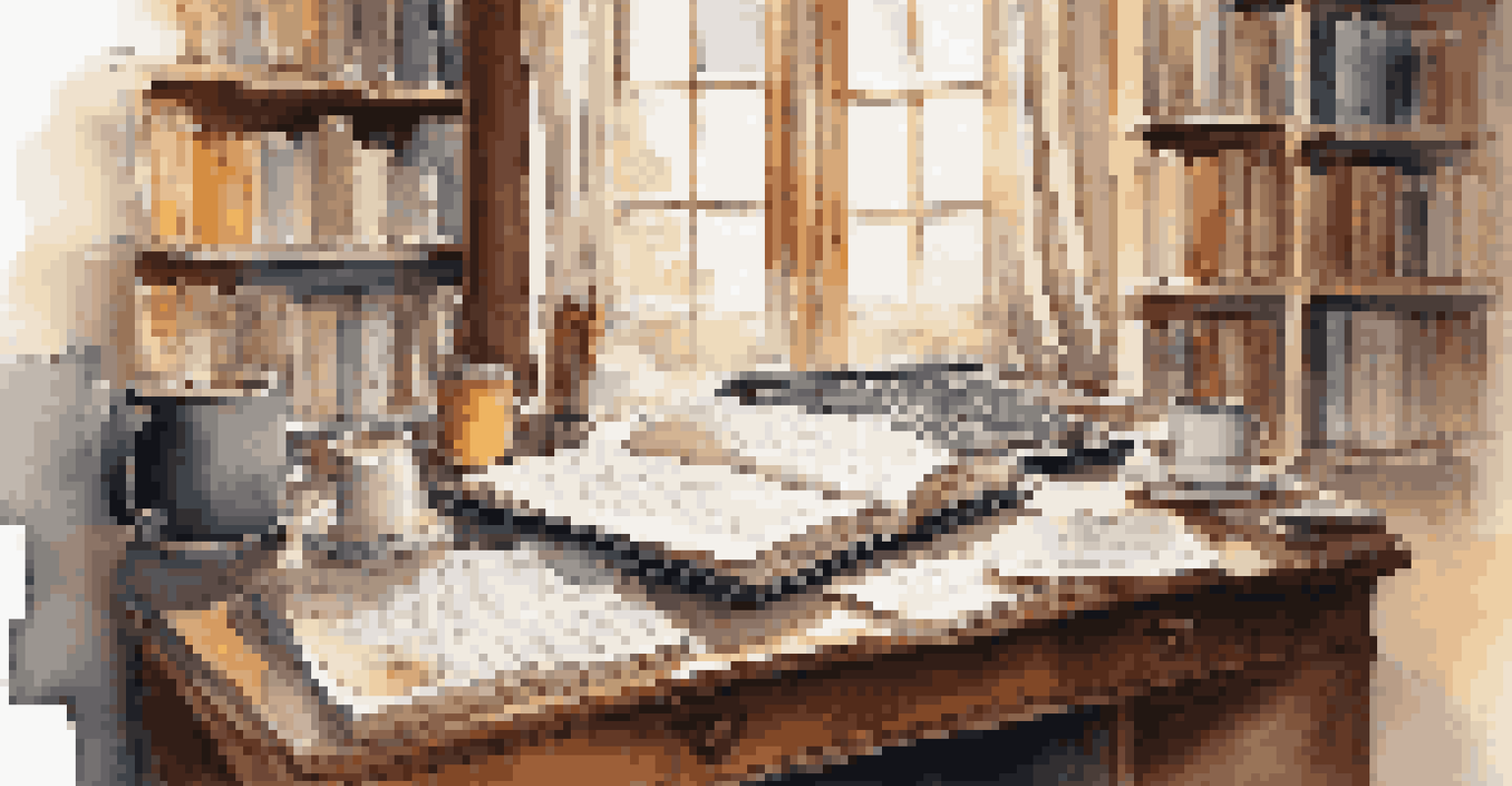 A playwright's desk with notes, a laptop, coffee, and bookshelves filled with classic literature, illuminated by soft morning light.