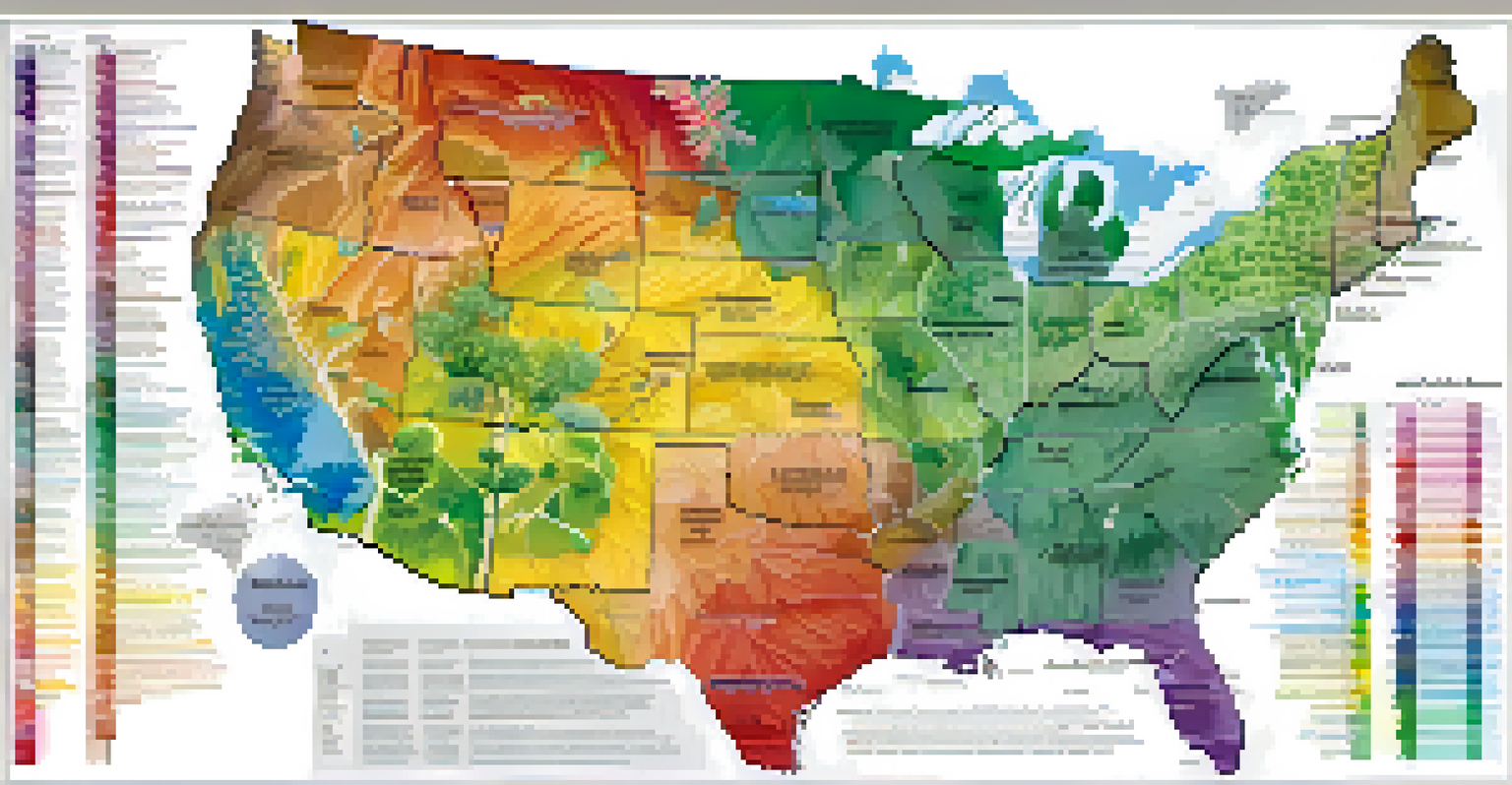 A colorful map of the USDA Plant Hardiness Zones in the United States, showing different temperature ranges with labels and native plants.