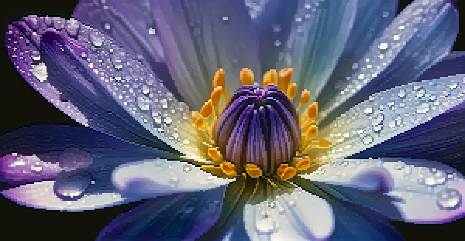 A close-up view of a blue and violet flower, with dew drops glistening in sunlight.
