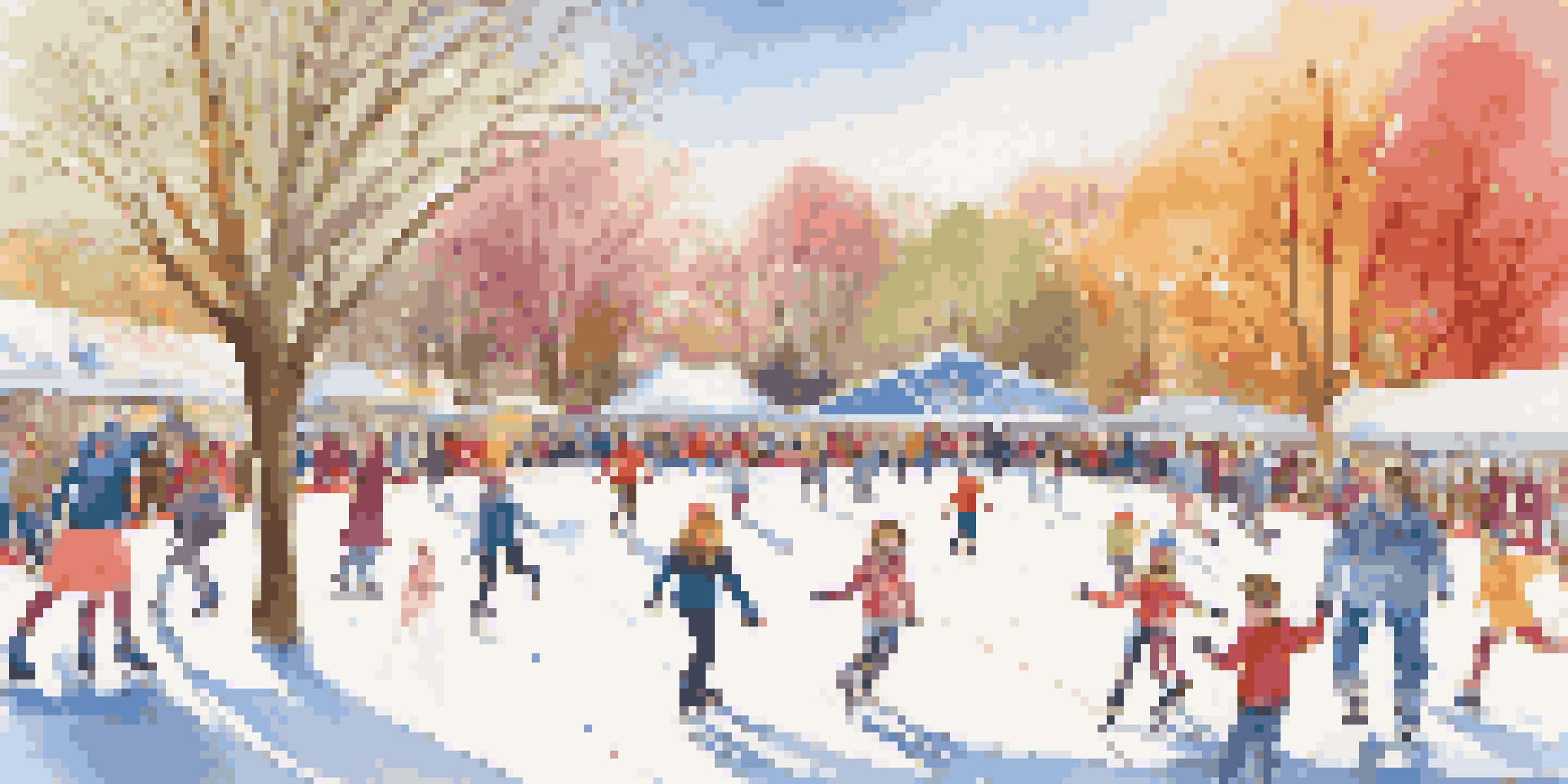 A lively ice skating rink with families enjoying skating under sunny skies, decorated with colorful banners and lights.