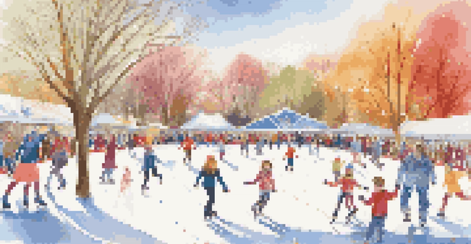 A lively ice skating rink with families enjoying skating under sunny skies, decorated with colorful banners and lights.