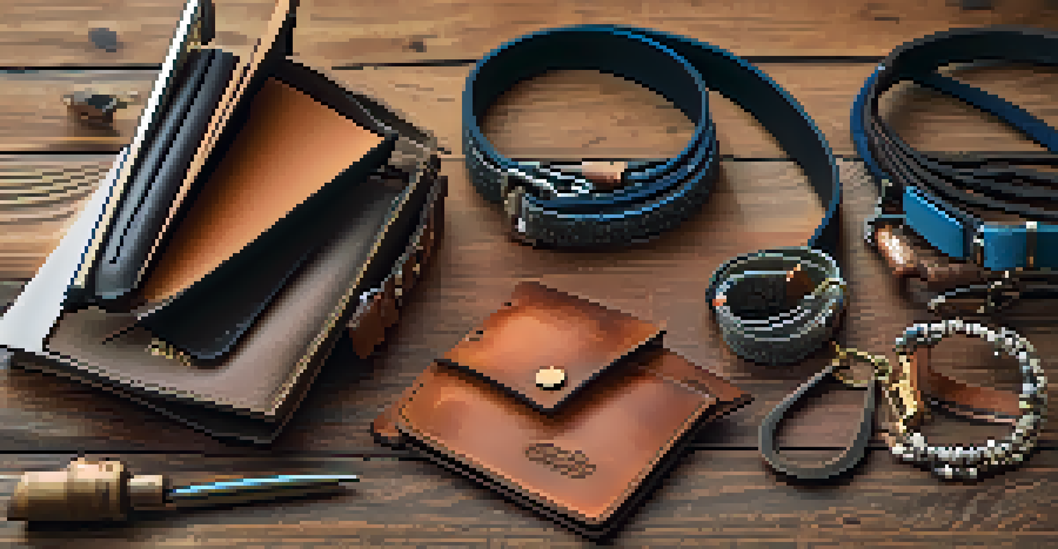 A collection of upcycled leather accessories on a rustic wooden table.