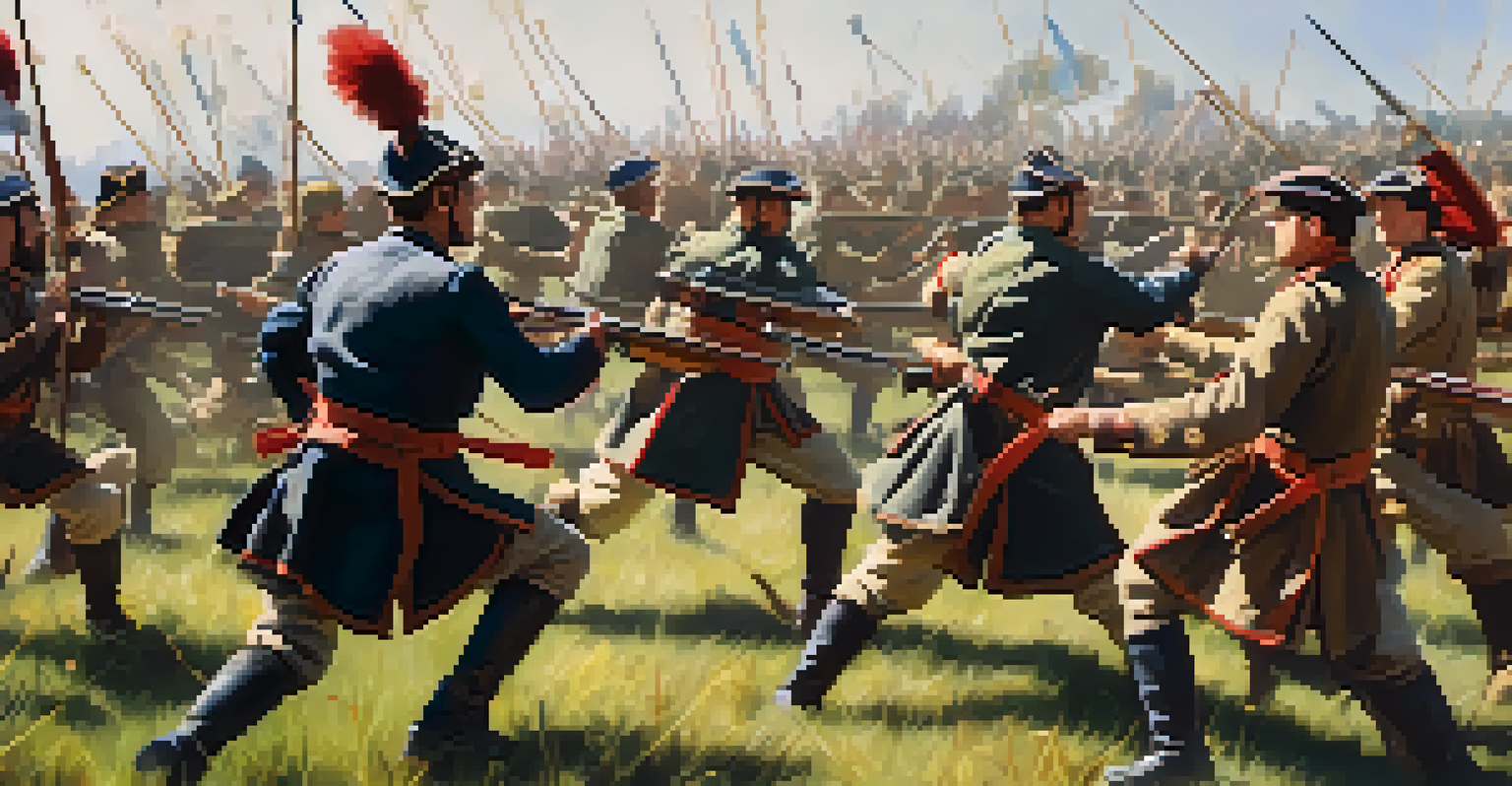 A group of reenactors practicing battle formations in a sunny field, showcasing their coordinated movements and expressions.