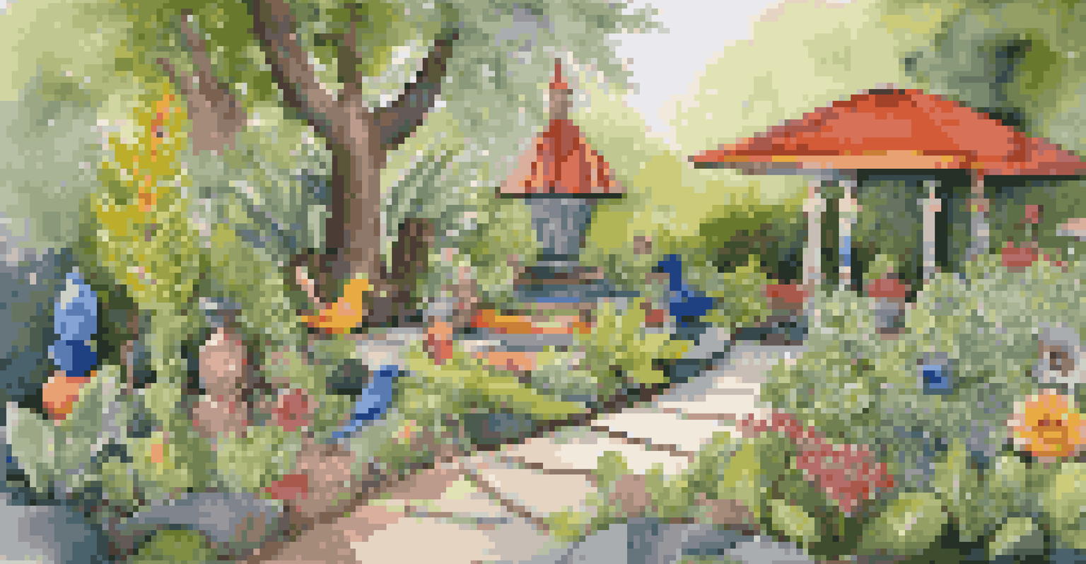 A lively garden with colorful painted rocks, unique metal sculptures, and lush greenery, bathed in sunlight creating playful shadows.