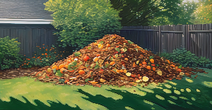 A colorful compost pile in a garden with various kitchen scraps and yard waste, surrounded by healthy plants and sunlight.