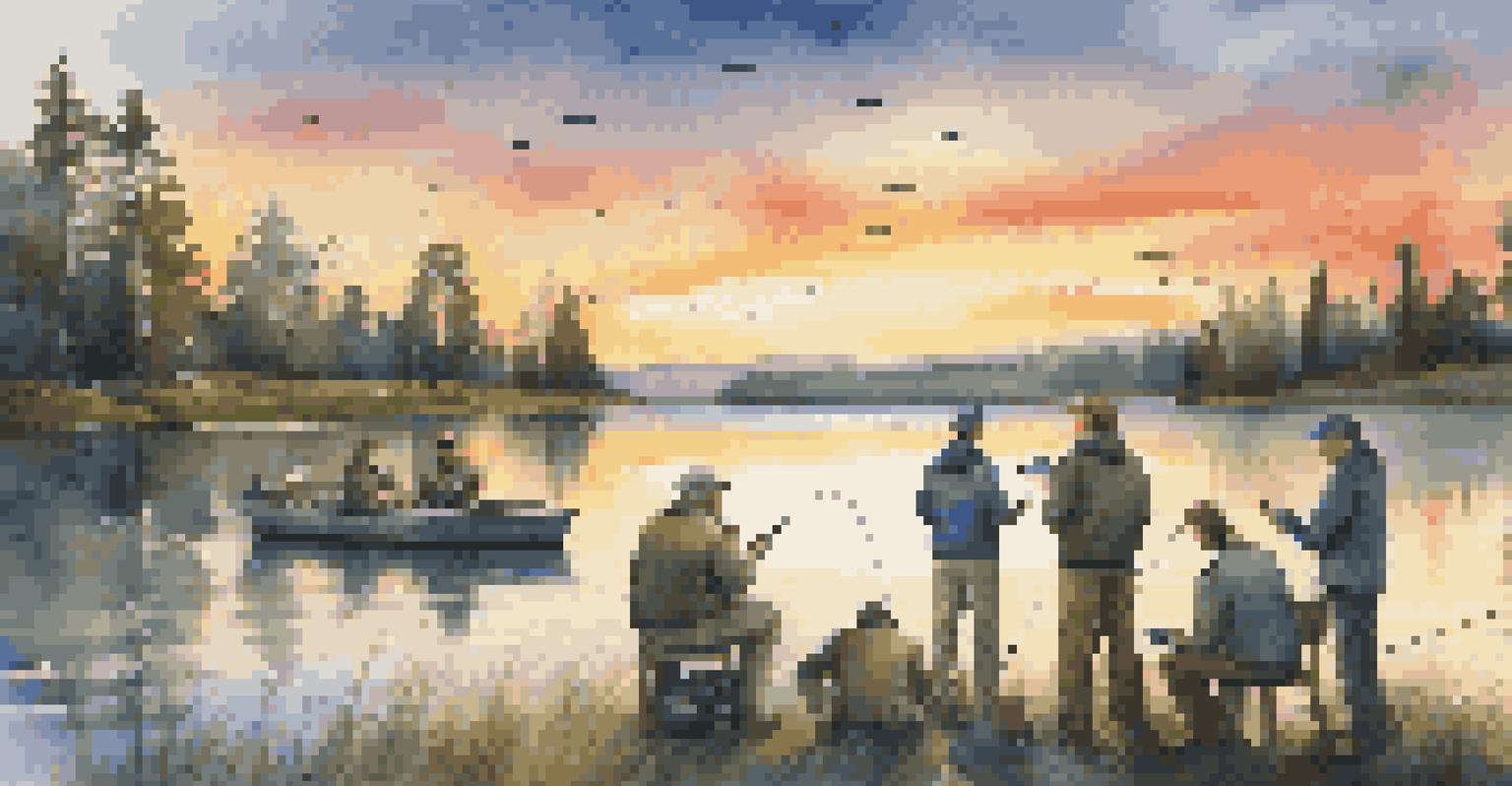 A group of anglers by a lake at sunset, using fishing gear and guides to identify fish species.