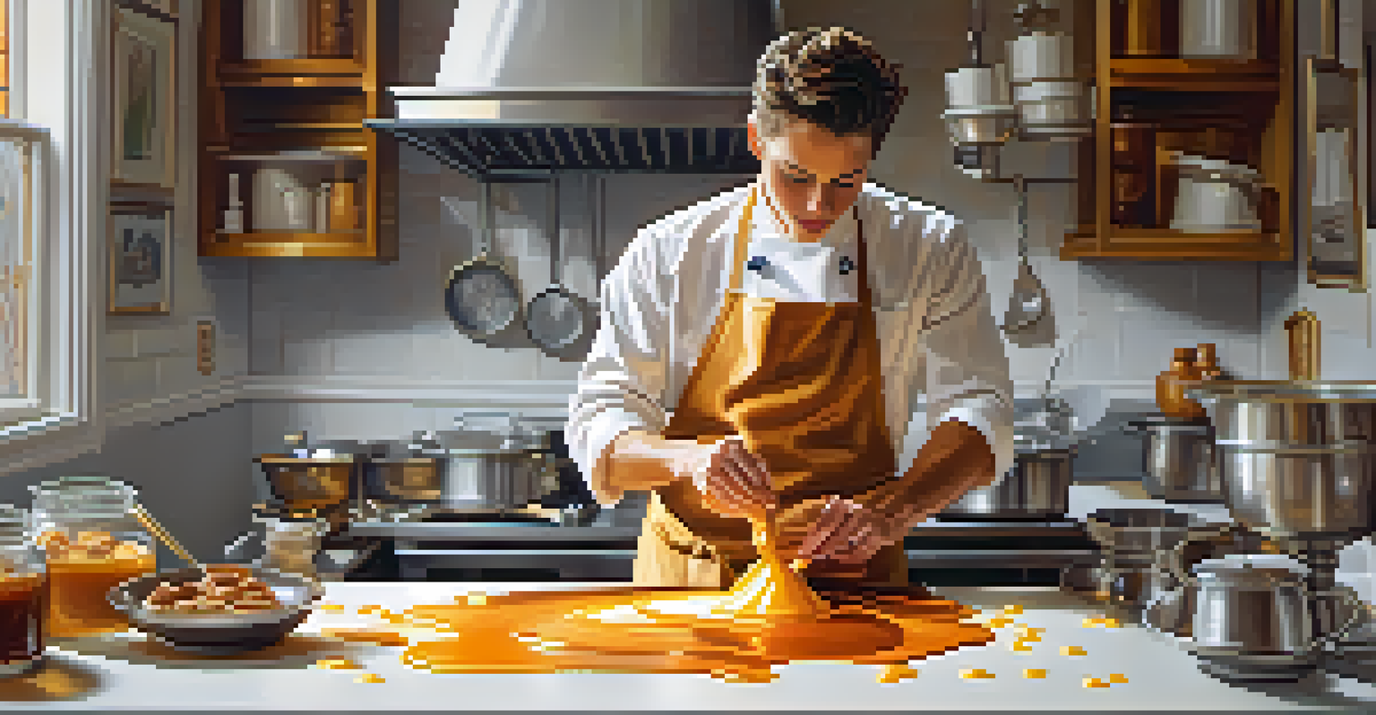 A pastry chef making caramel in a bright kitchen.