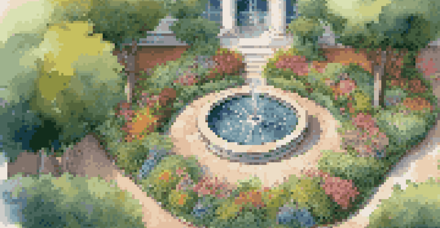 An overhead view of a vibrant garden with colorful flower beds and a fountain.