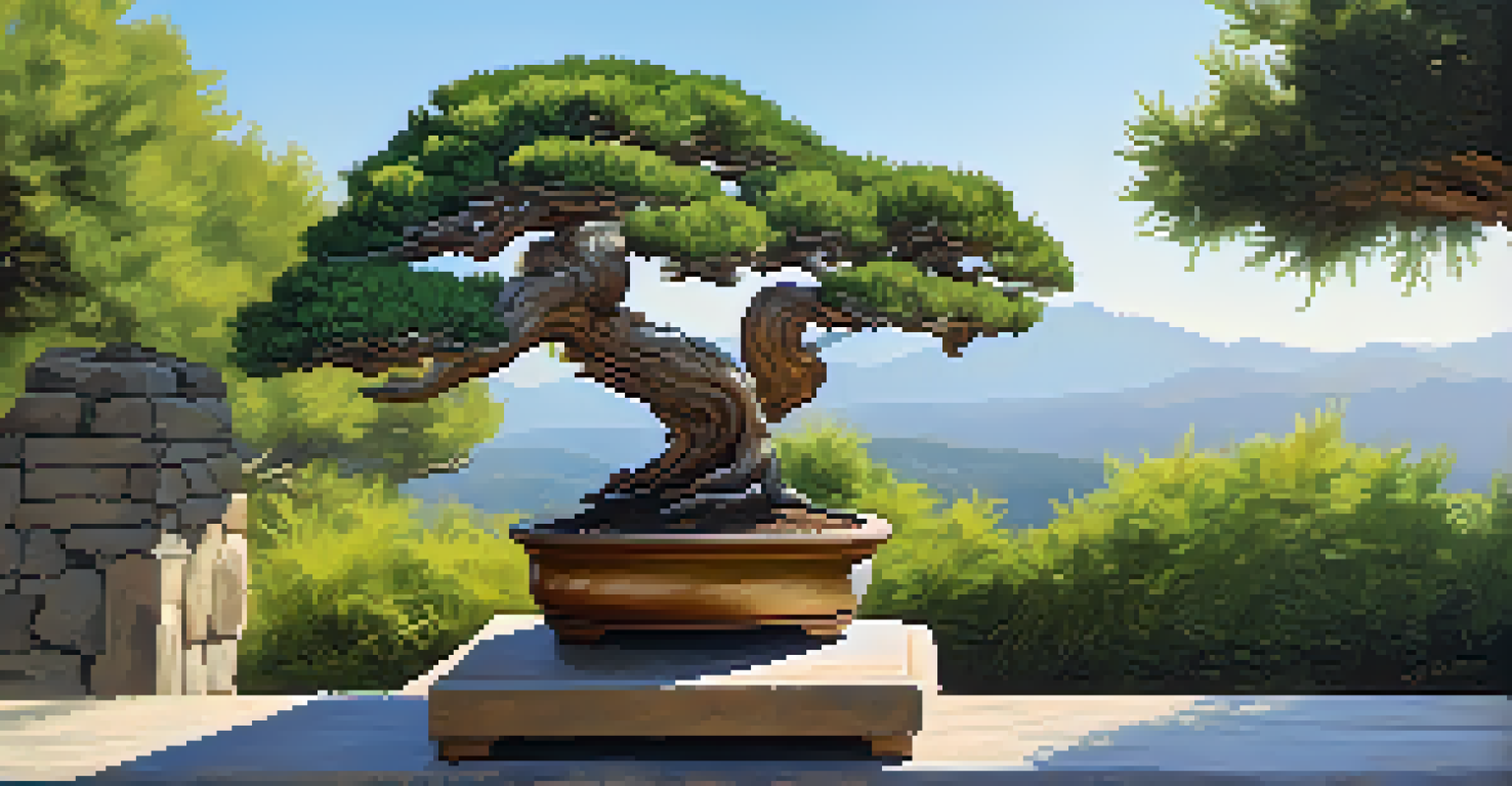 A juniper bonsai tree displayed outdoors in a garden, surrounded by colorful flowers and greenery under a clear blue sky.