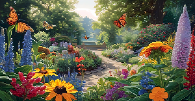 A vibrant garden with various flowering plants and pollinators like bees and butterflies, illuminated by sunlight.