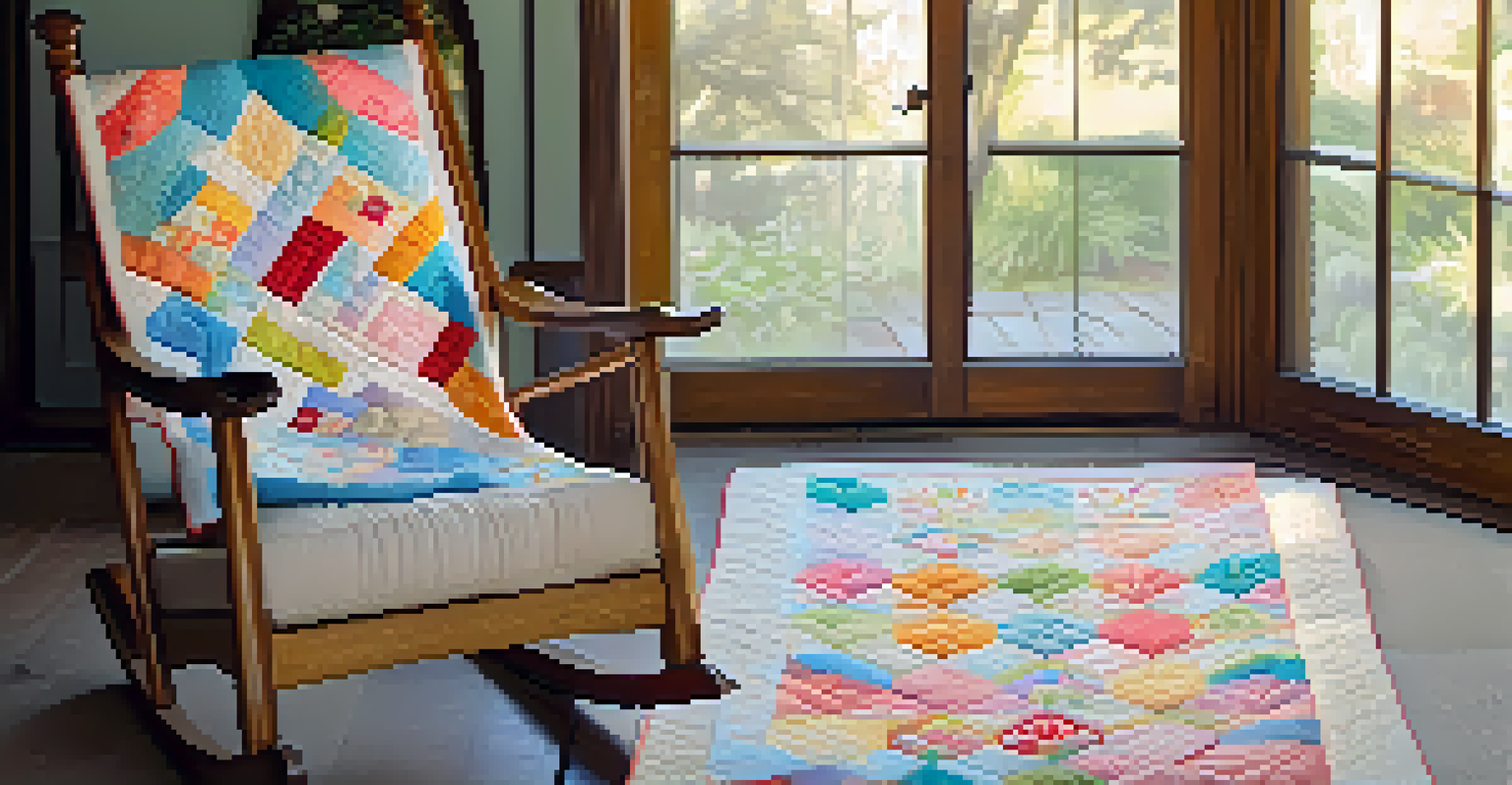 A finished quilt displayed on a rocking chair in a sunlit room, showcasing geometric and floral patterns in pastel colors.