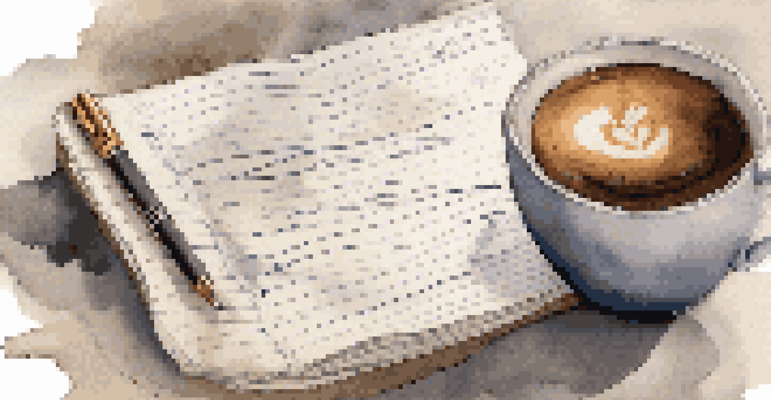 A close-up of a notepad with handwritten notes and a steaming coffee cup, representing the writing process.