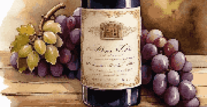 A close-up of a wine bottle on a wooden table, surrounded by grapes and a corkscrew, with warm lighting accentuating the label.