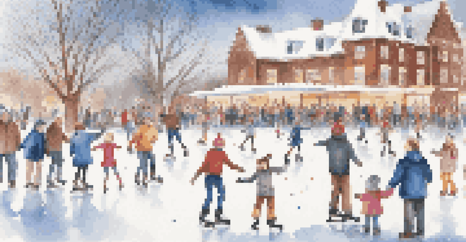 An outdoor ice skating event with families enjoying skating in a winter setting, with snowflakes falling and festive decorations.