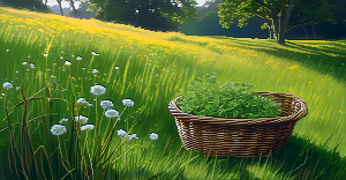 A peaceful meadow with diverse wild herbs and a basket of freshly foraged plants under a bright blue sky.