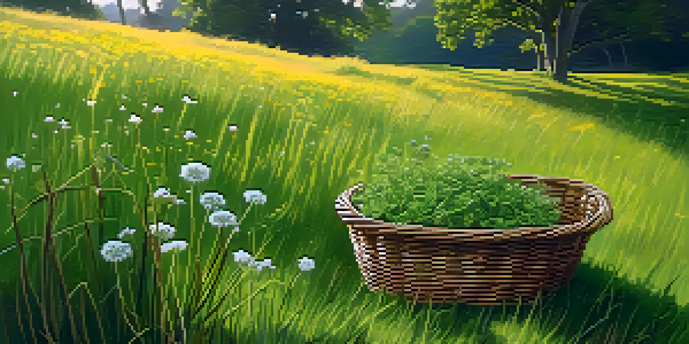 A peaceful meadow with diverse wild herbs and a basket of freshly foraged plants under a bright blue sky.