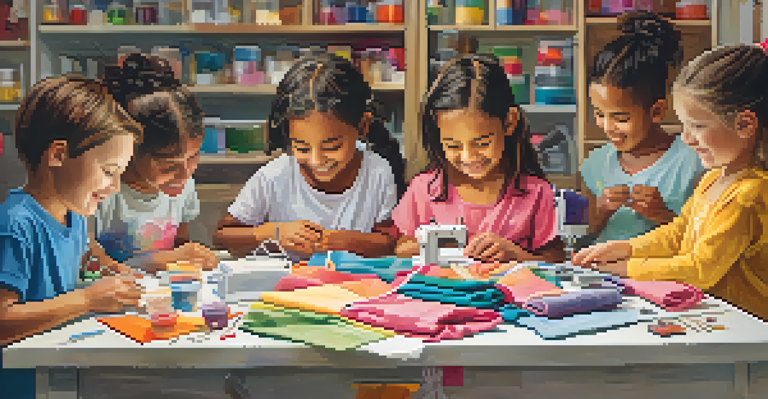 Children participating in a mini sewing workshop, creating drawstring bags together, surrounded by colorful fabrics and cheerful expressions.