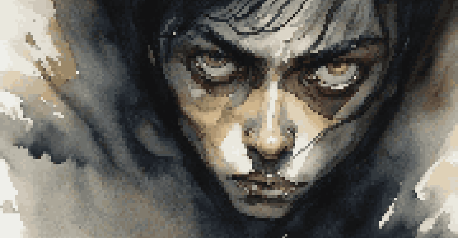 A close-up of a fearful character's face illuminated by light, surrounded by dark shadows, showcasing determination and vulnerability.