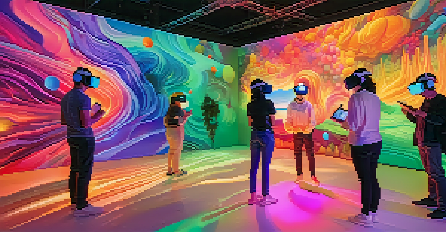 People experiencing an interactive virtual reality art installation with colorful abstract shapes.
