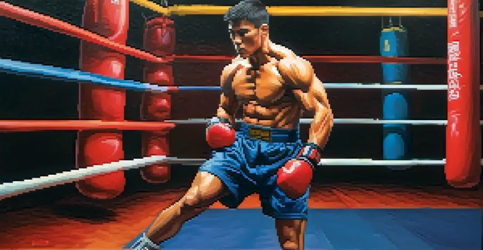 A focused kickboxer in an orthodox stance, wearing protective gear in a vibrant gym setting with colorful punching bags.