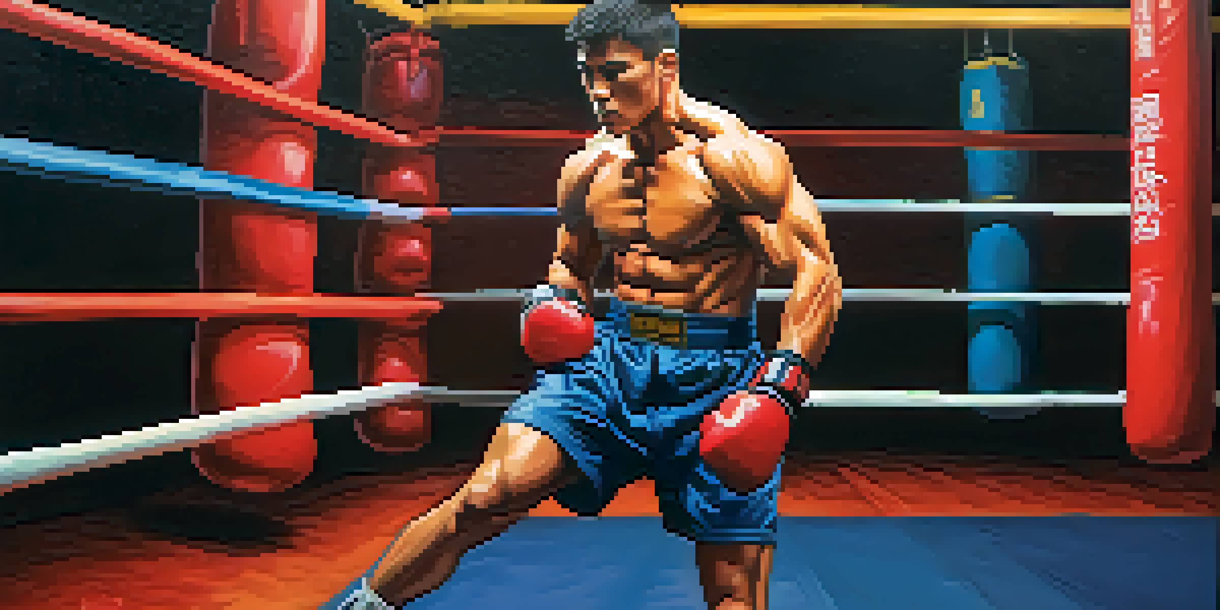 A focused kickboxer in an orthodox stance, wearing protective gear in a vibrant gym setting with colorful punching bags.